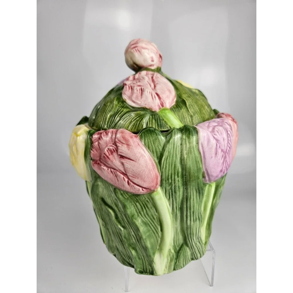 Vintage 1995 Tulip Cookie‎ Jar Floral Relief Ceramic Cottage Kitchen